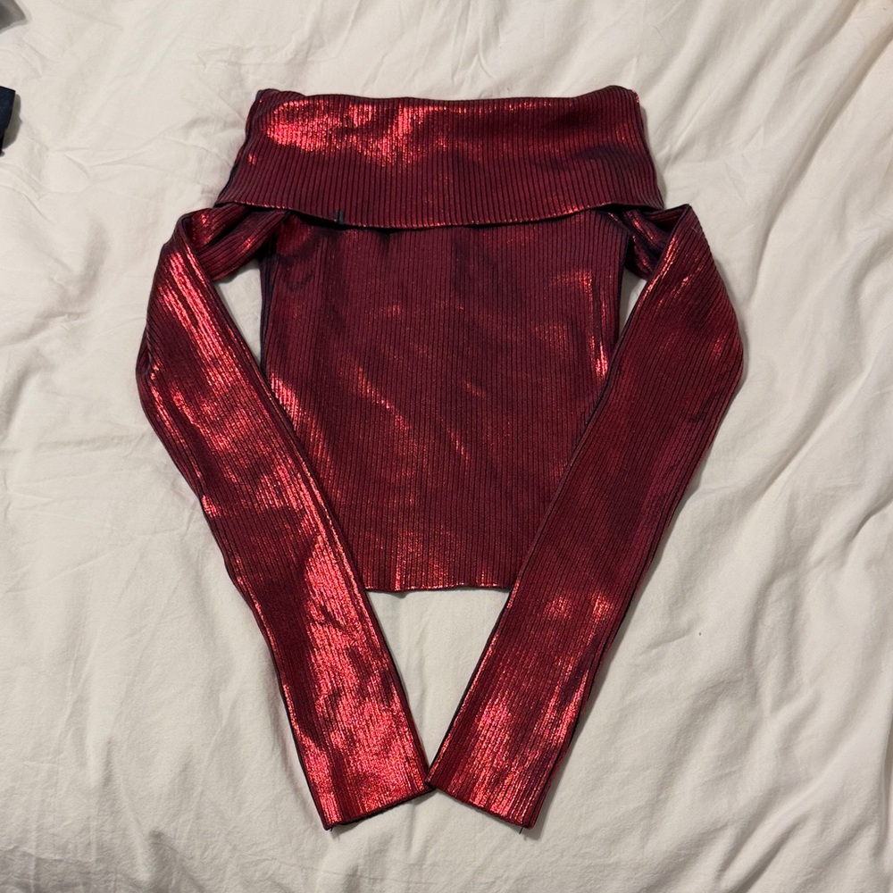 Zara Metallic Red Off-Shoulder Top